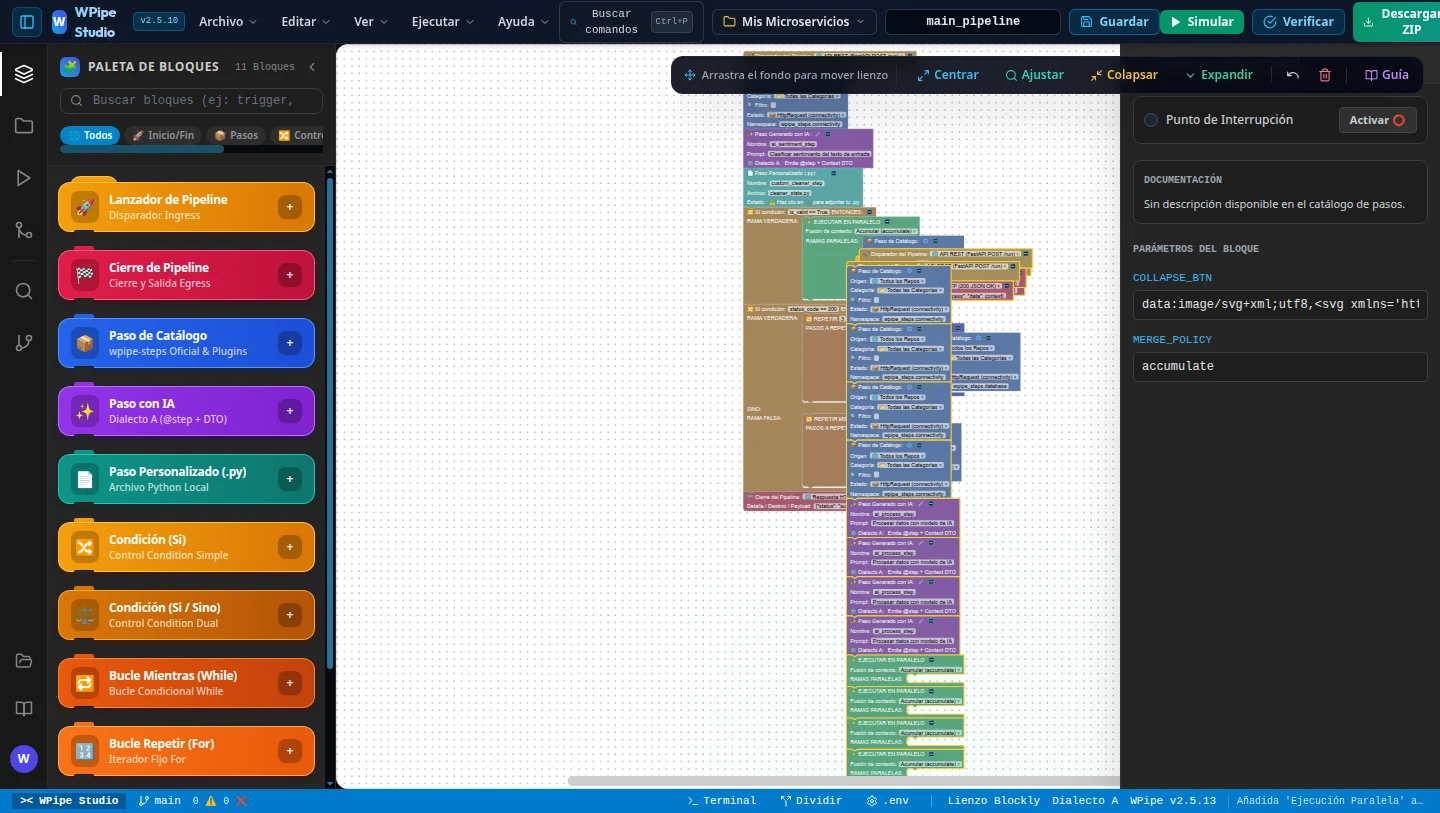 WPipe Studio IDE: block palette on the left, visual pipeline canvas in the center, generated microservice files and live simulation panels.